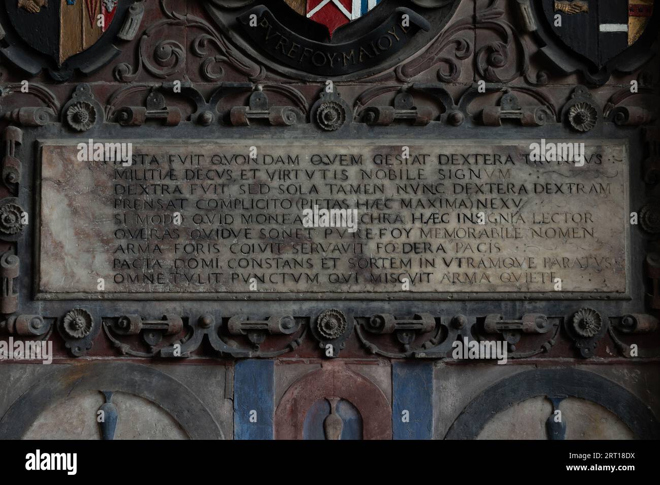 Purefoy Monument Detail, St. Michael`s Church, Fenny Drayton, Leicestershire, England, Großbritannien Stockfoto